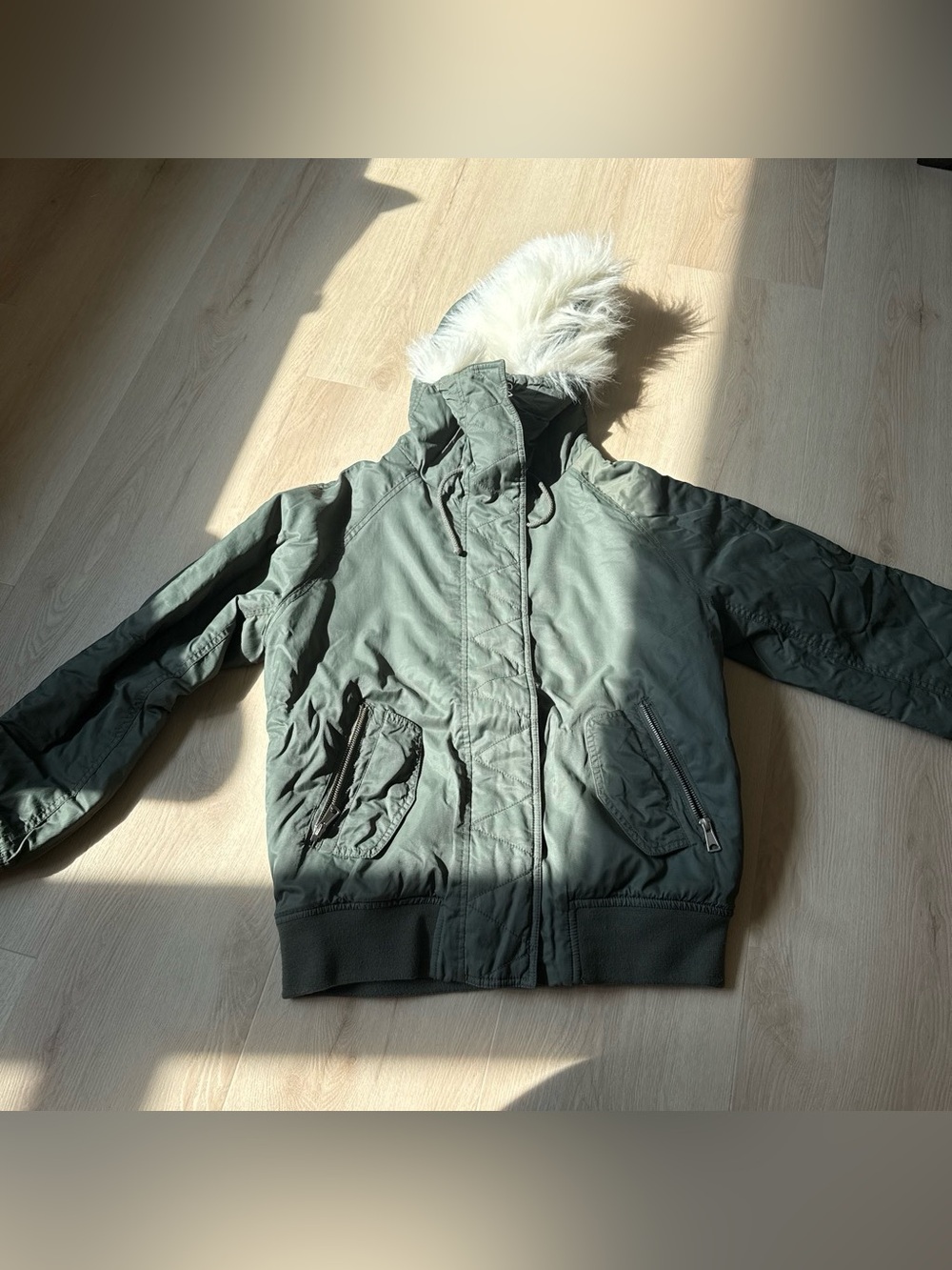 Topshop Olive Green Bomber Jacket with Faux Fur Hood